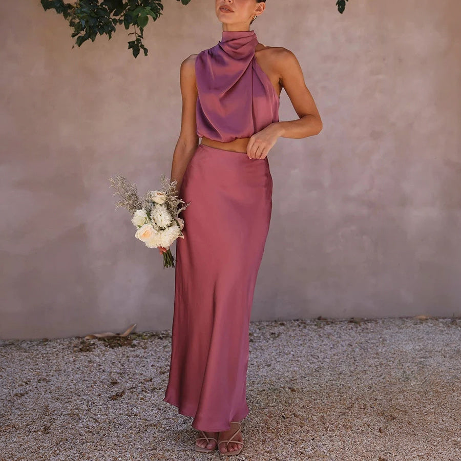 Halter Top Maxi Dress Set - Satin Finish