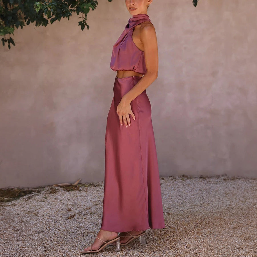 Halter Top Maxi Dress Set - Satin Finish