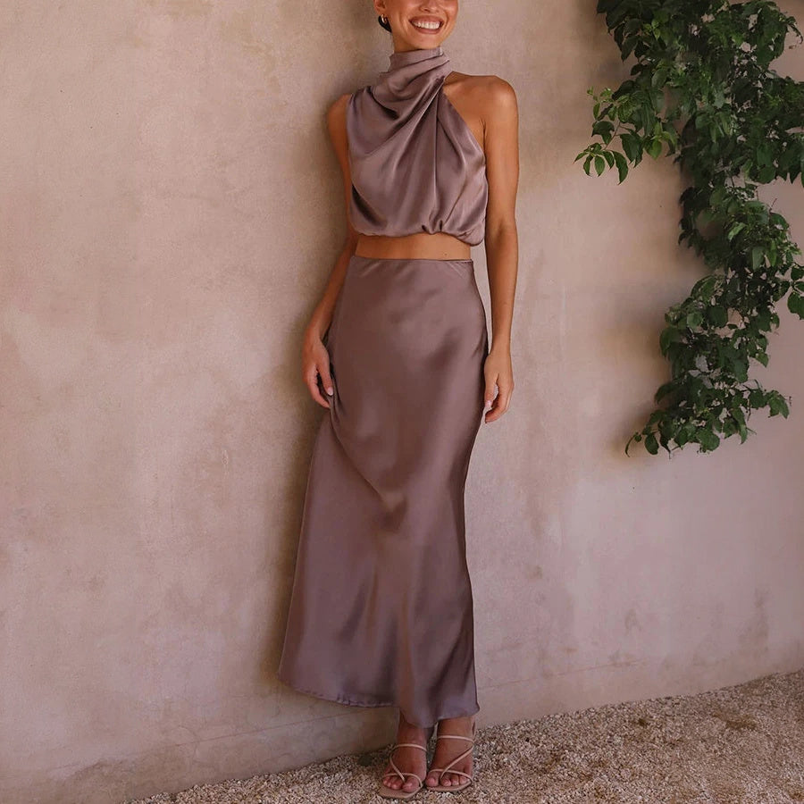 Halter Top Maxi Dress Set - Satin Finish