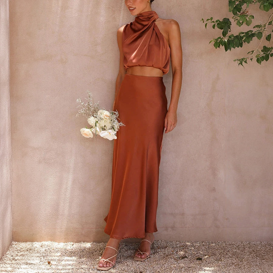 Halter Top Maxi Dress Set - Satin Finish