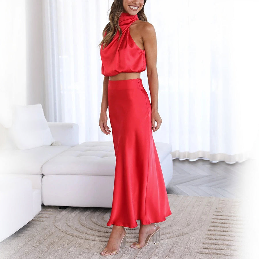 Halter Top Maxi Dress Set - Satin Finish