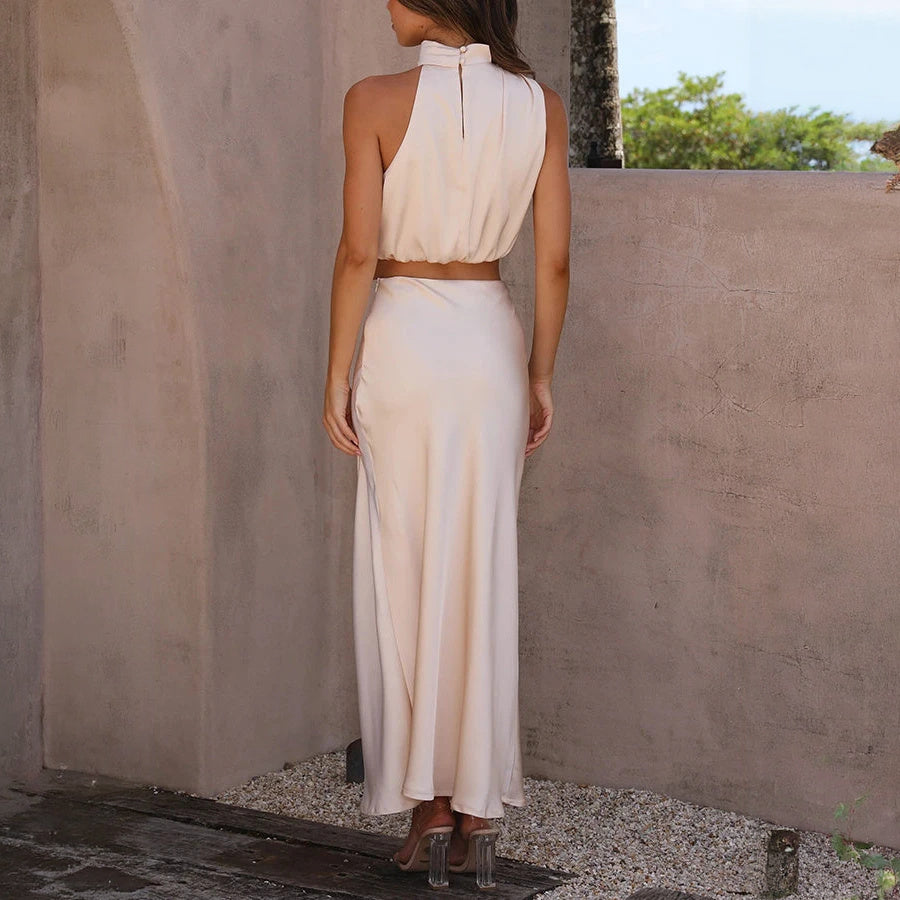 Halter Top Maxi Dress Set - Satin Finish