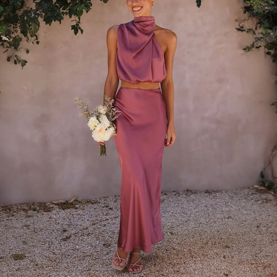 Halter Top Maxi Dress Set - Satin Finish