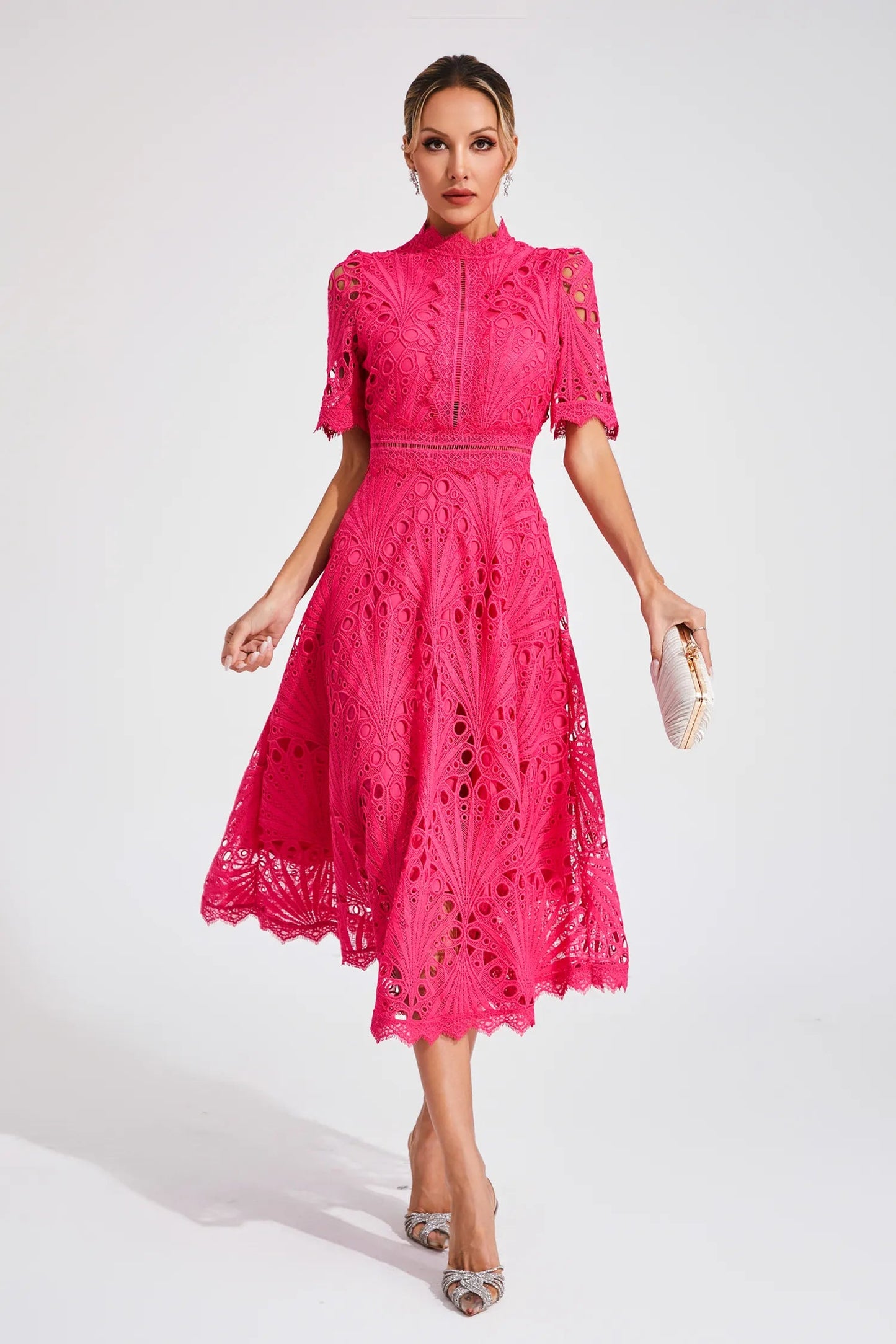 Women's Lace Midi Dress – High Neckline, Short Sleeve, Cut-Out Detail-83326-609b8a51-d874-433b-8d0f-f536e1c34c5e