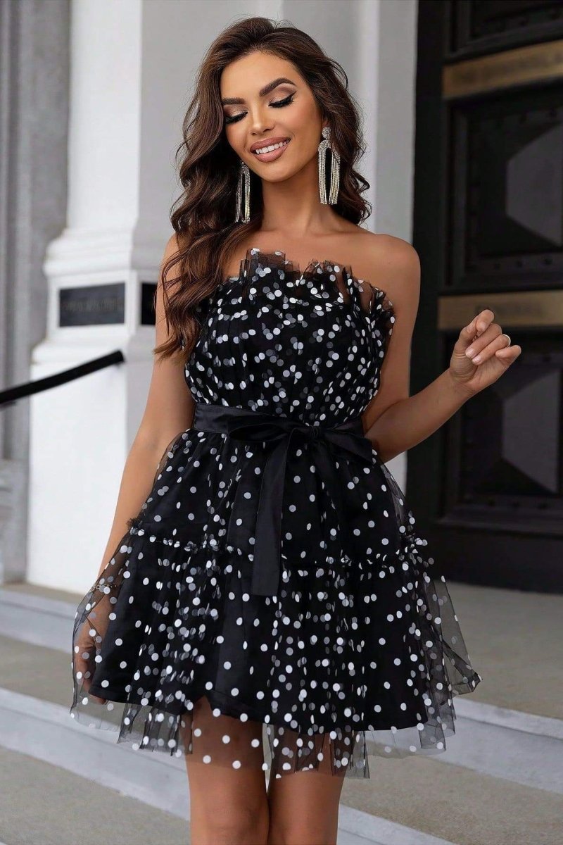 Polka Dot Tulle Dress - Strapless Ruffle Bodice