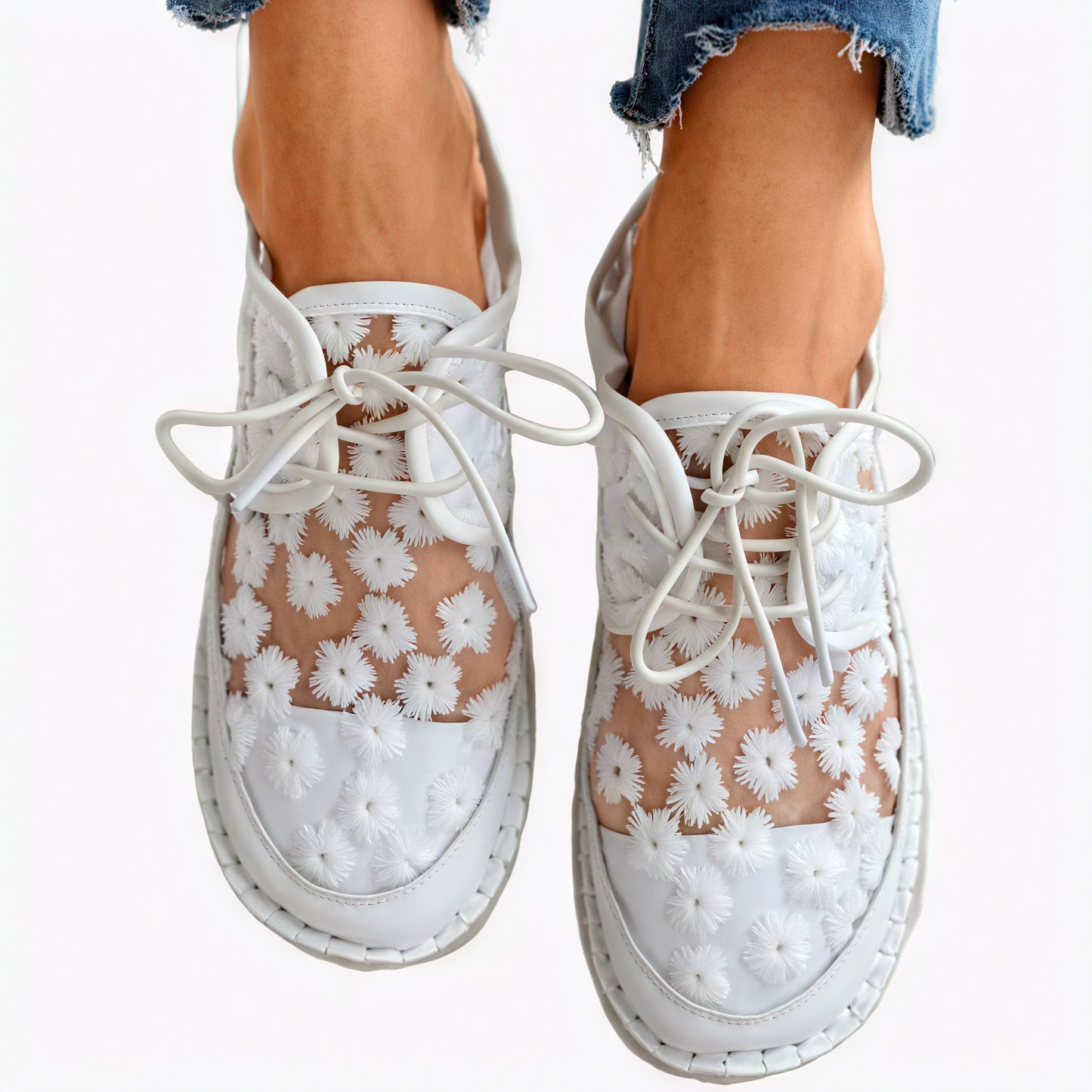 Floral Mesh Flat Shoes with Lace-Up Detail