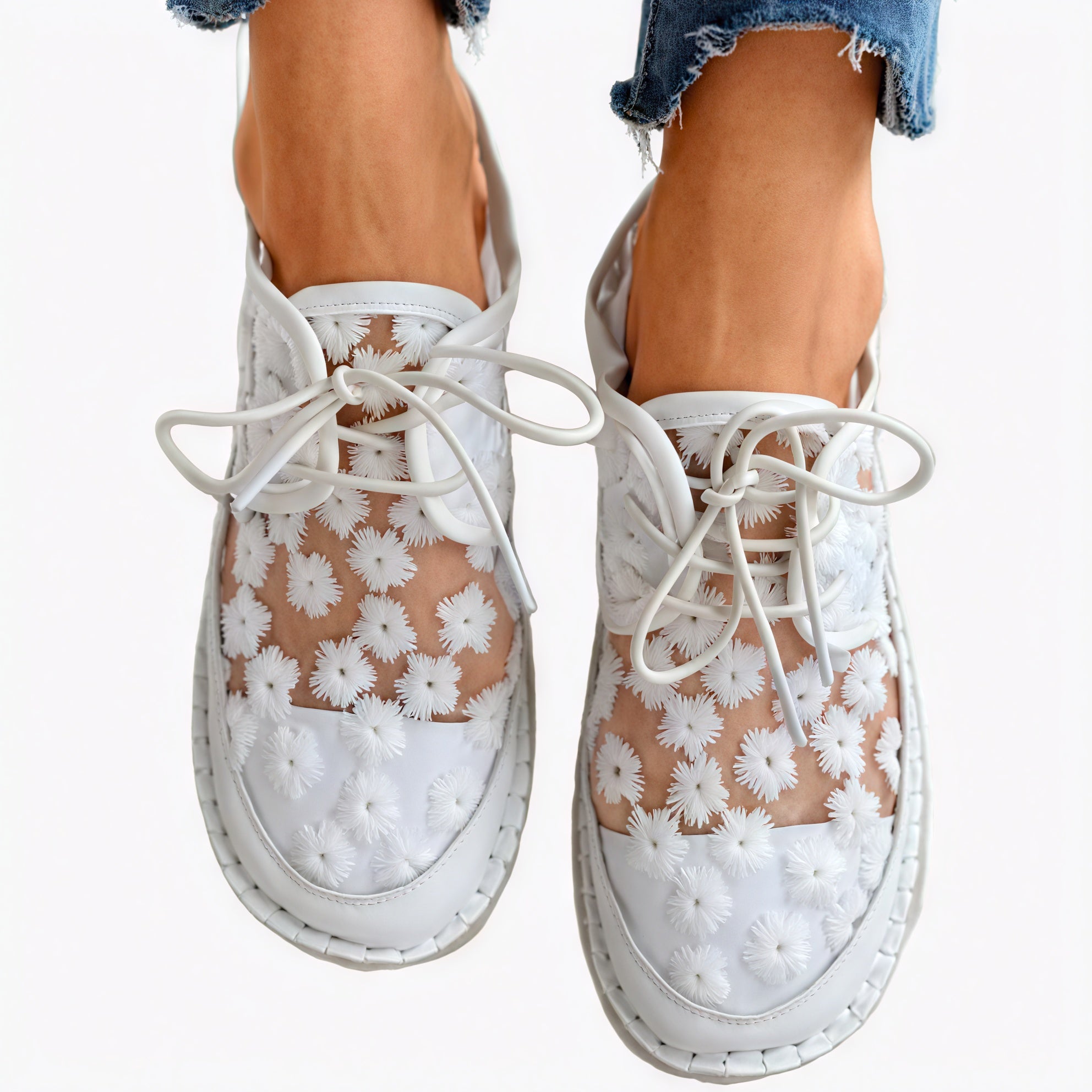 Floral Mesh Flat Shoes with Lace-Up Detail