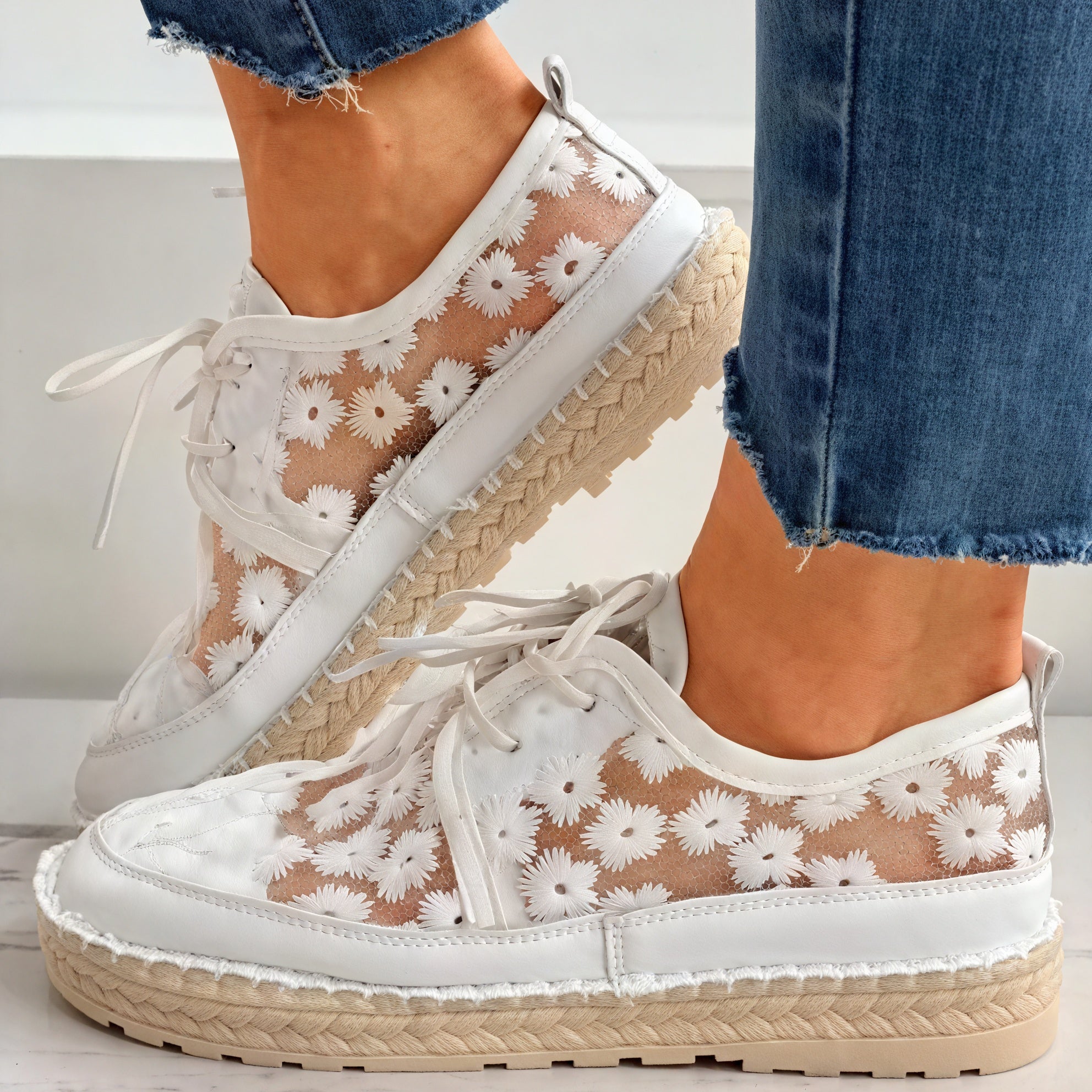 Floral Mesh Flat Shoes with Lace-Up Detail