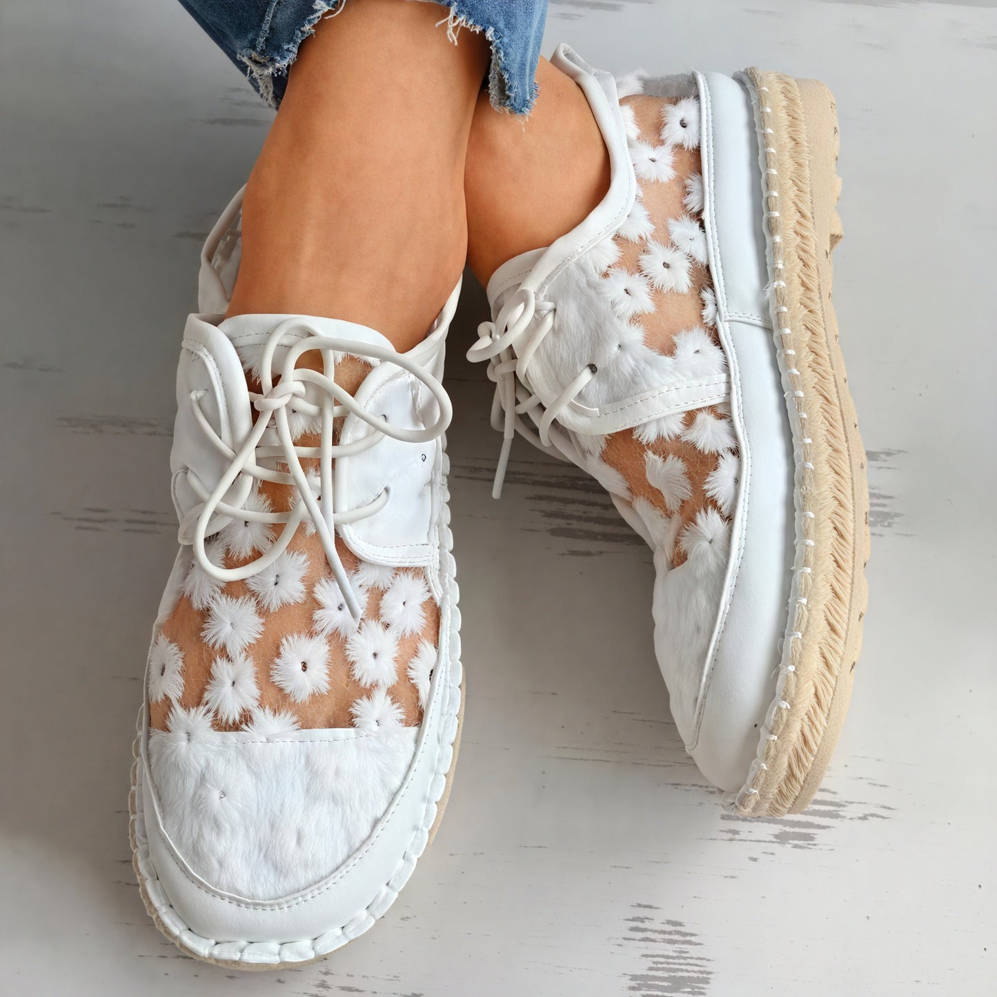Floral Mesh Flat Shoes with Lace-Up Detail