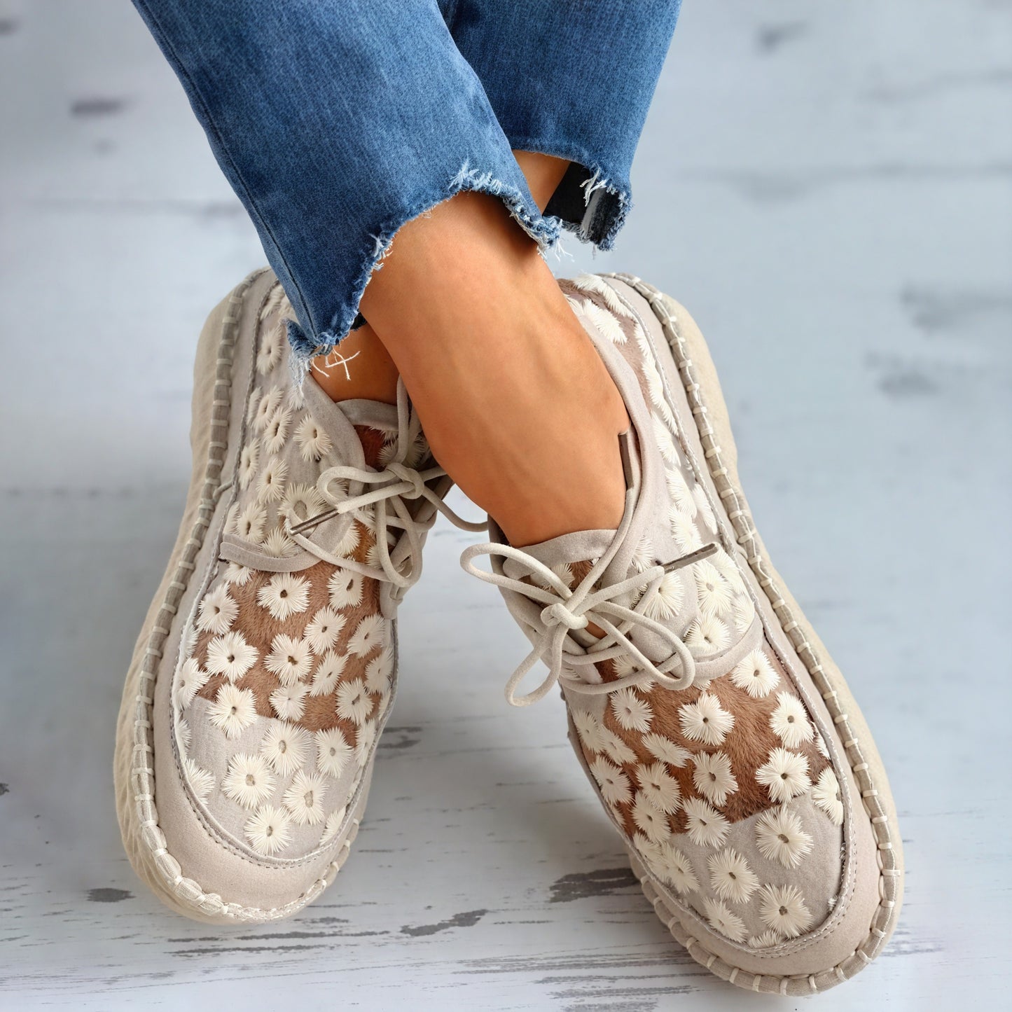 Floral Mesh Flat Shoes with Lace-Up Detail
