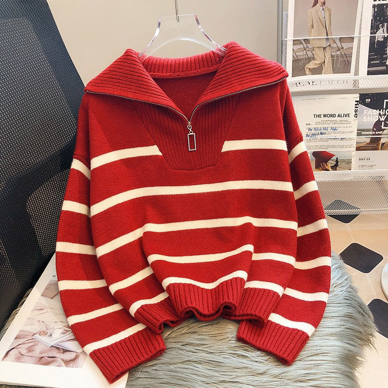 Striped Half-Zip Relaxed Fit Sweater