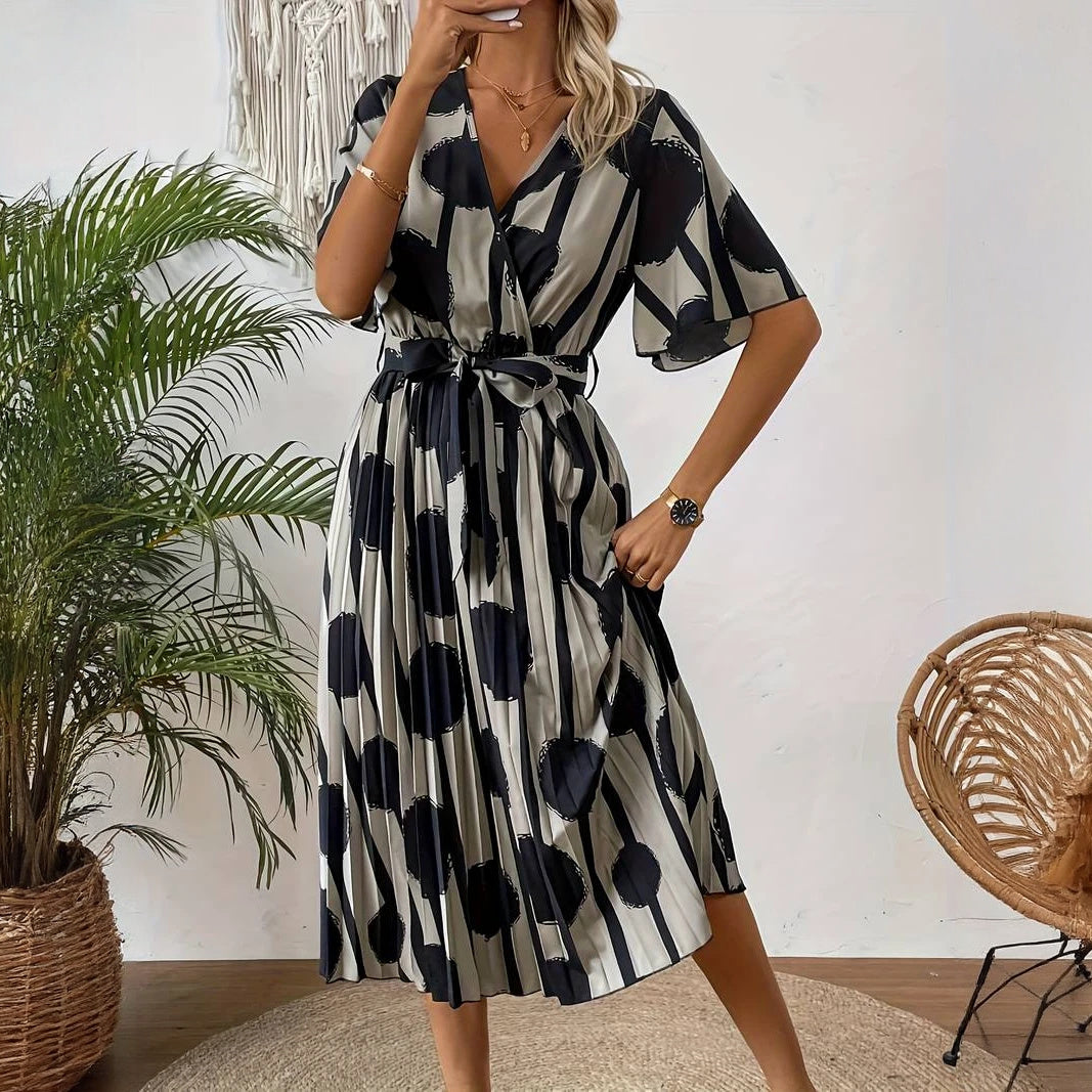 Polka Dot Button-Down Dress with Pleated Skirt