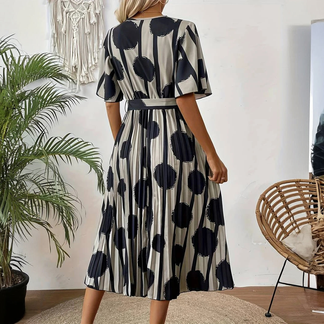 Polka Dot Button-Down Dress with Pleated Skirt