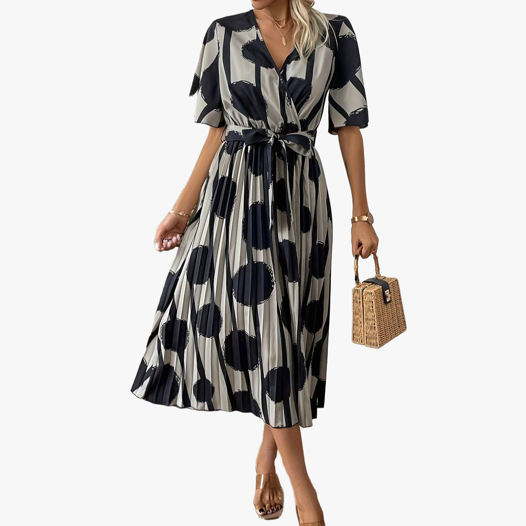 Polka Dot Button-Down Dress with Pleated Skirt
