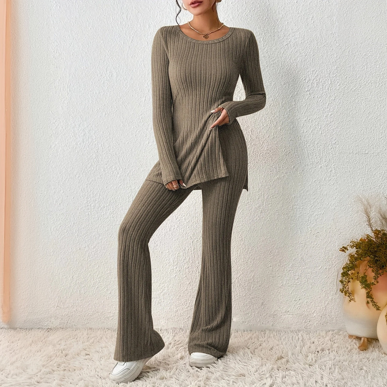 Ribbed Activewear Set with Flared Pants