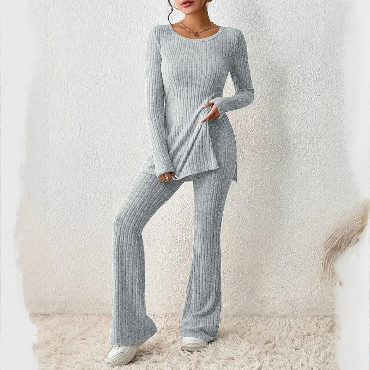 Ribbed Activewear Set with Flared Pants