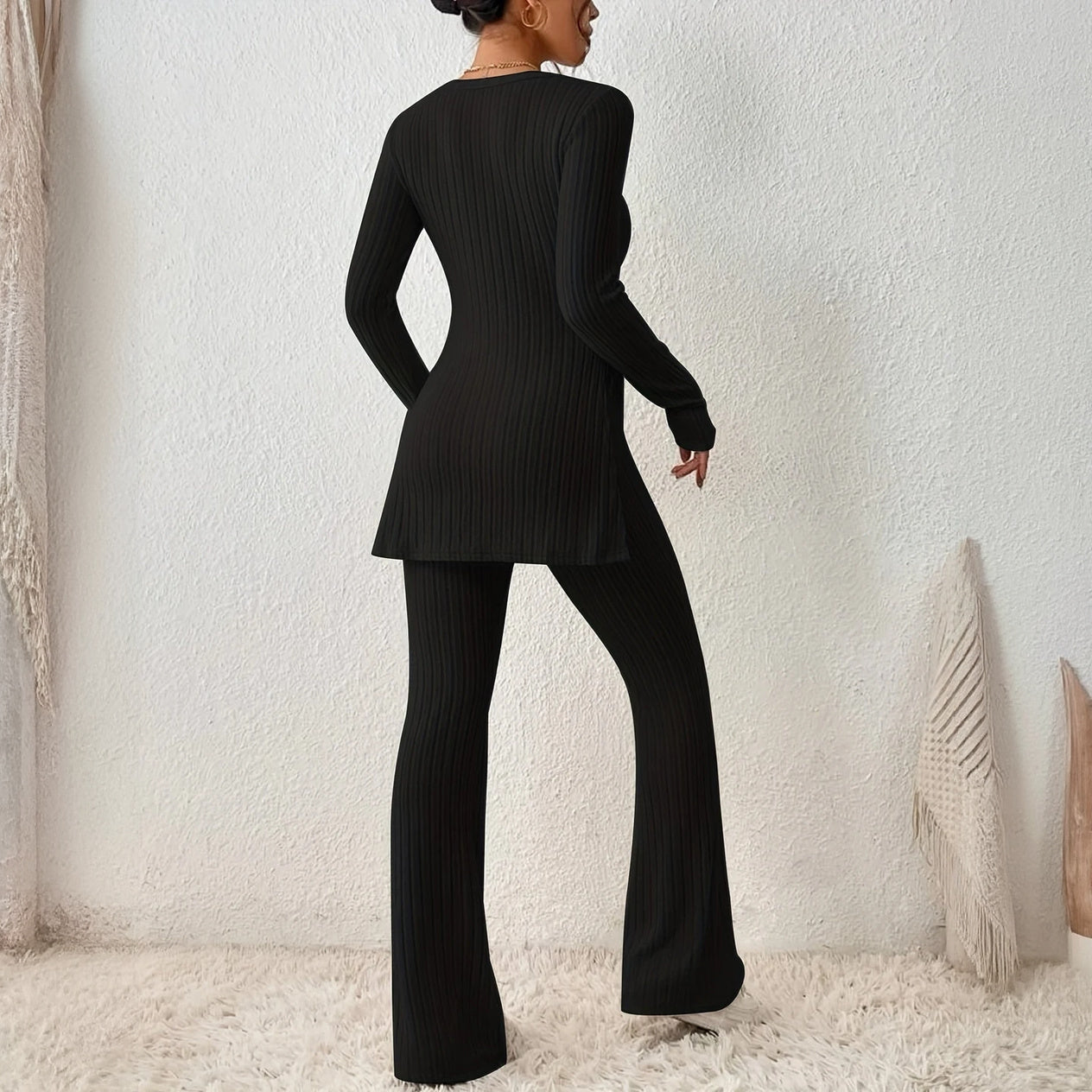 Ribbed Activewear Set with Flared Pants