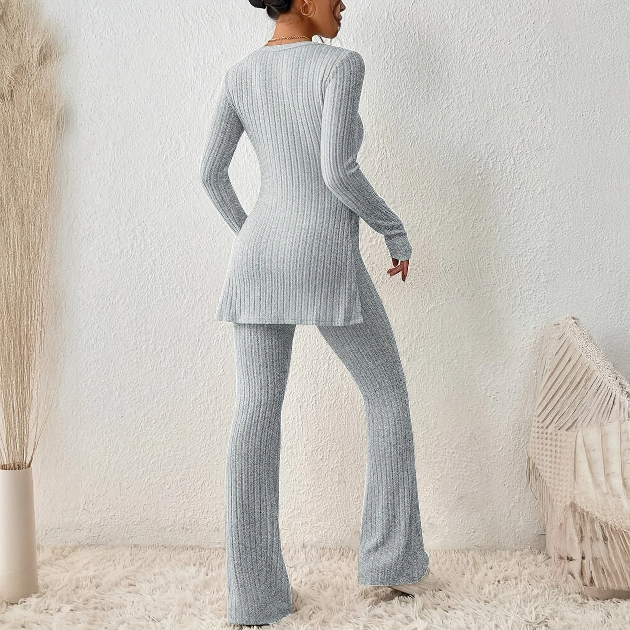 Ribbed Activewear Set with Flared Pants