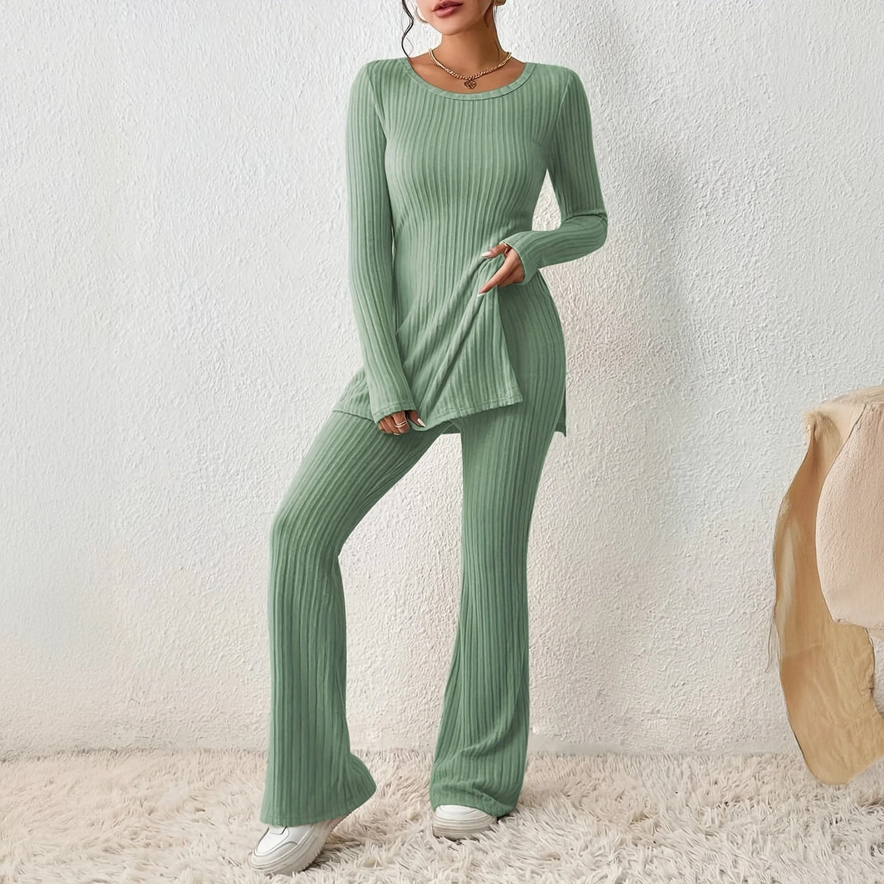 Ribbed Activewear Set with Flared Pants