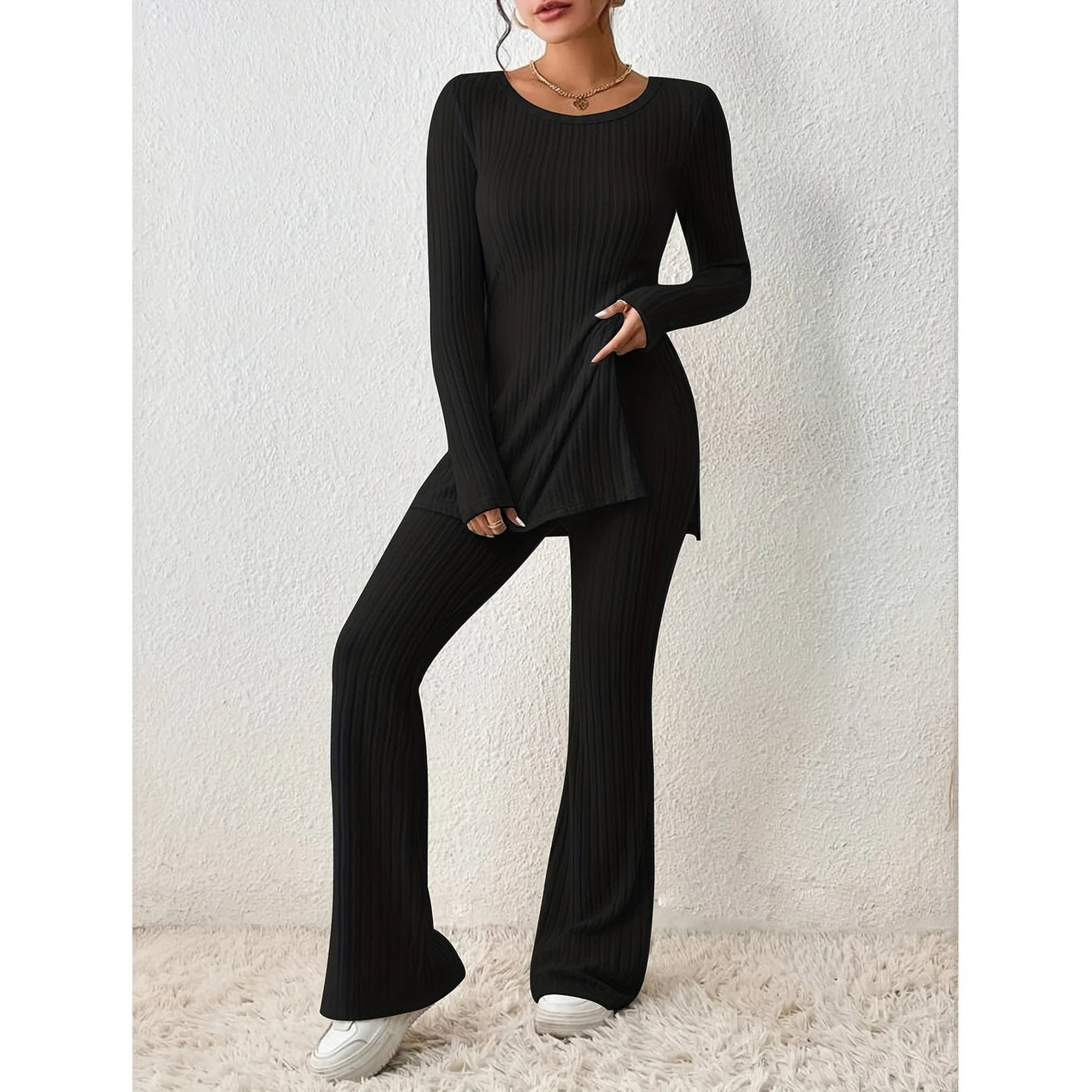 Ribbed Activewear Set with Flared Pants