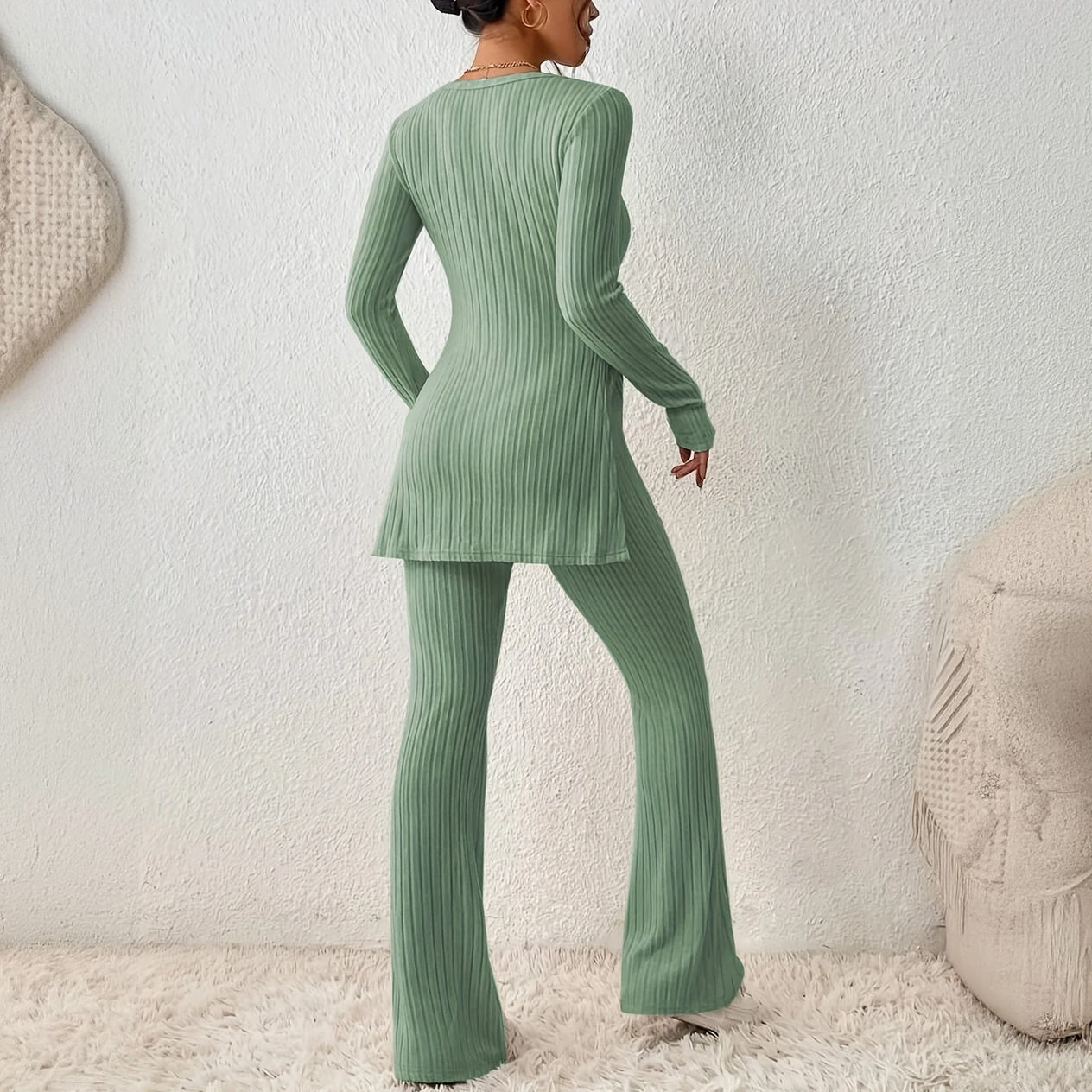 Ribbed Activewear Set with Flared Pants