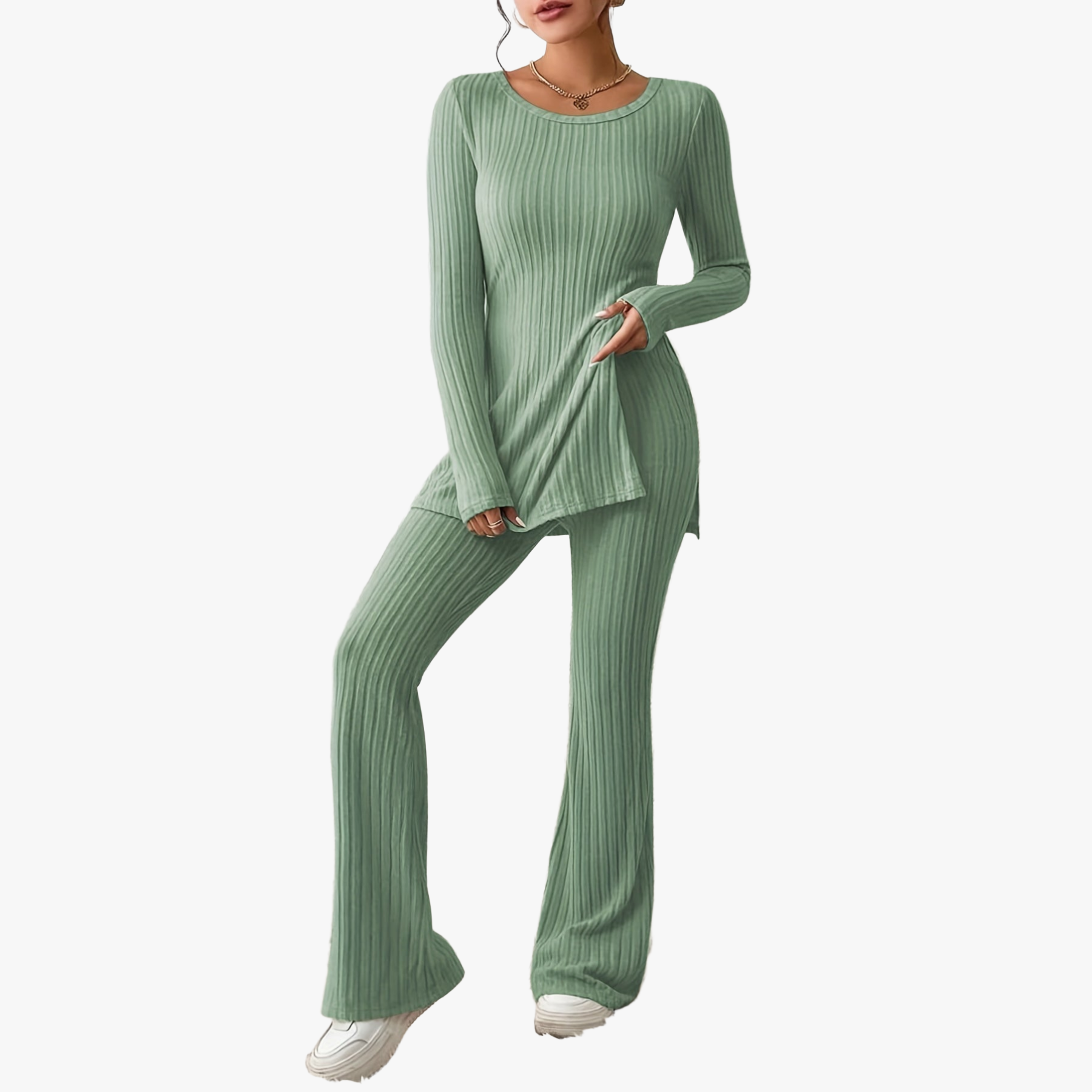 Ribbed Activewear Set with Flared Pants