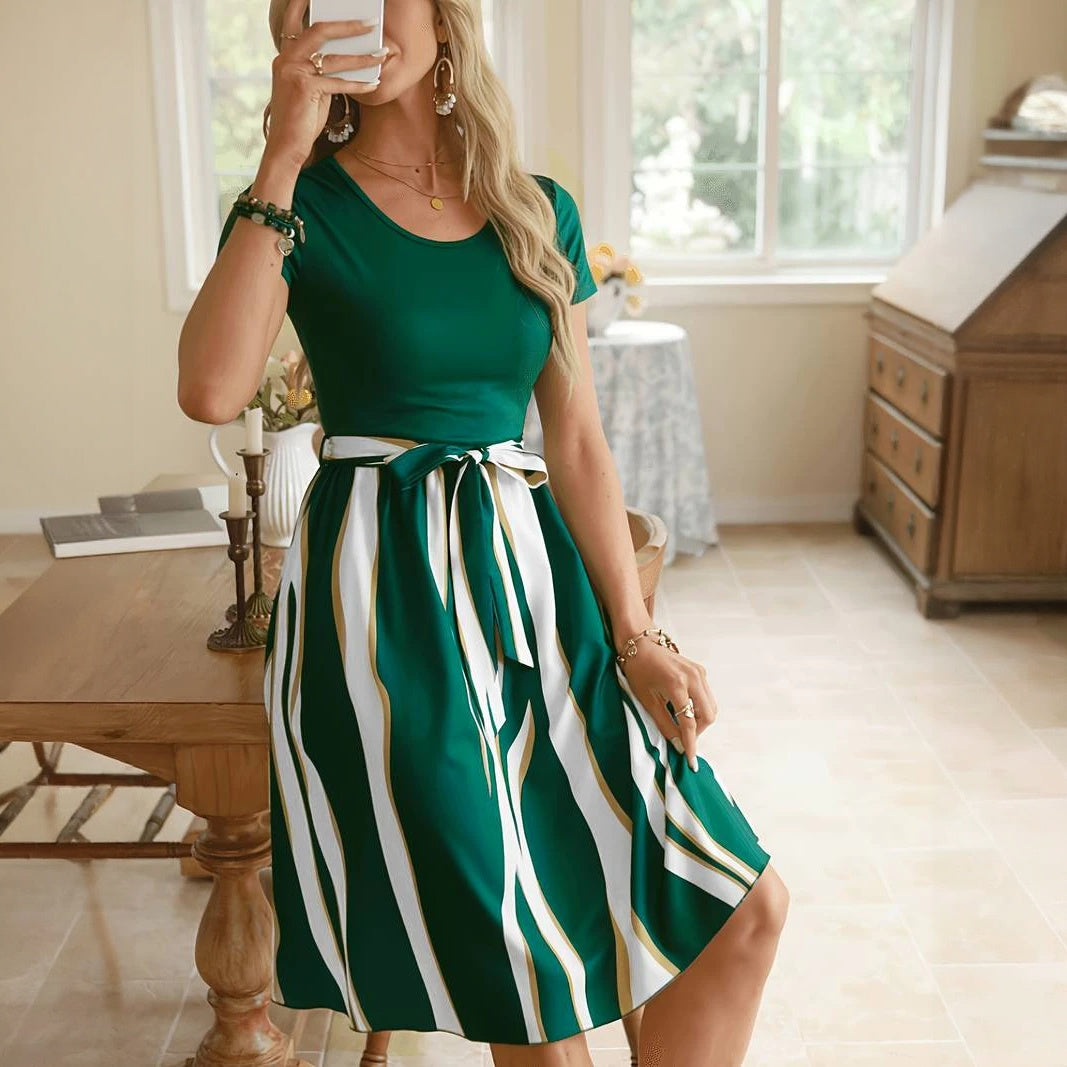 Striped Midi Dress with Fitted Bodice