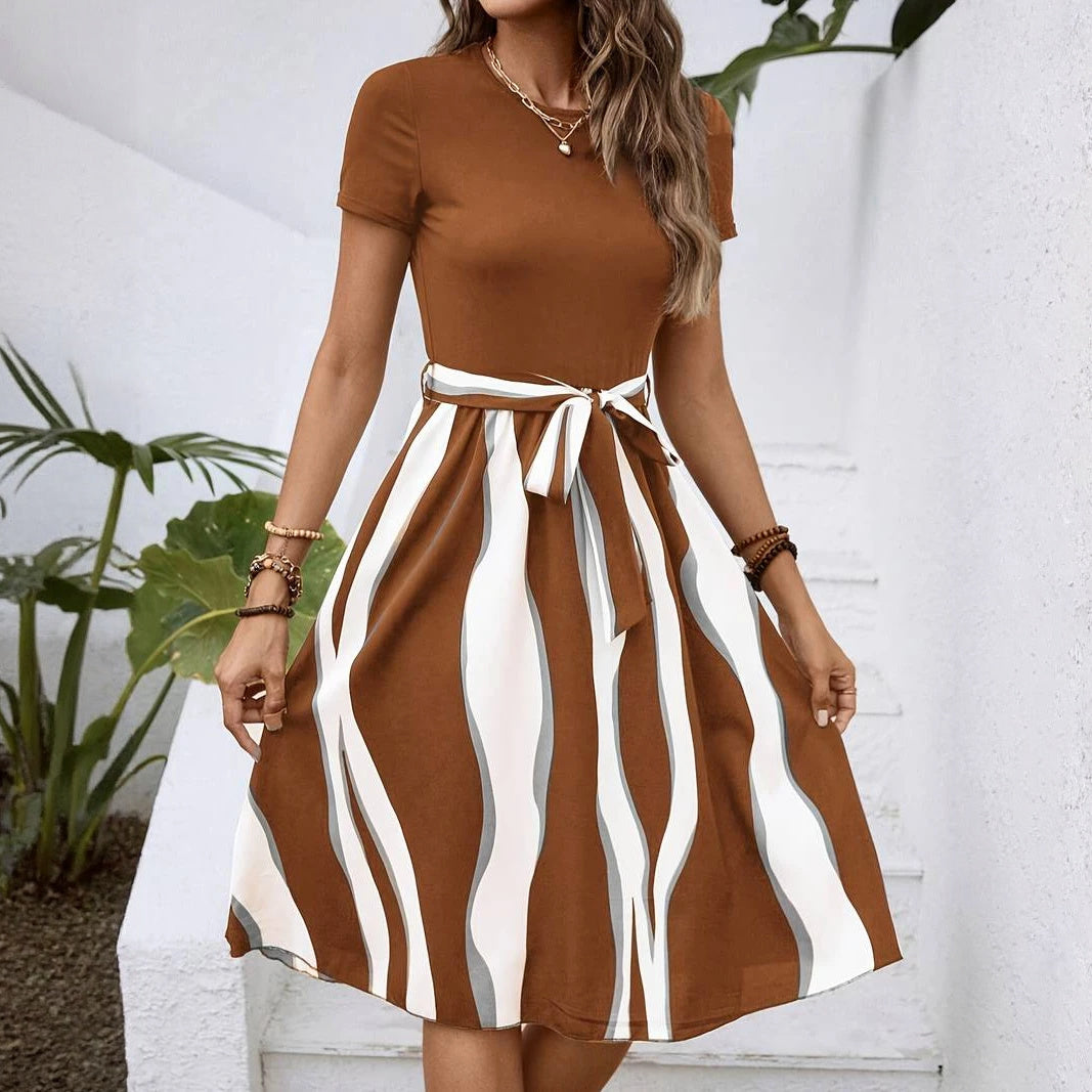 Striped Midi Dress with Fitted Bodice