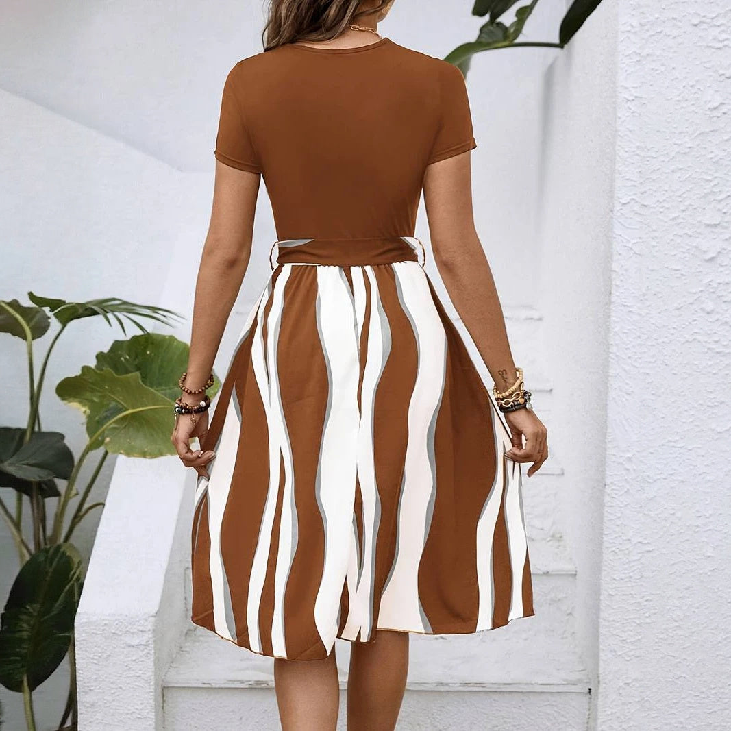 Striped Midi Dress with Fitted Bodice