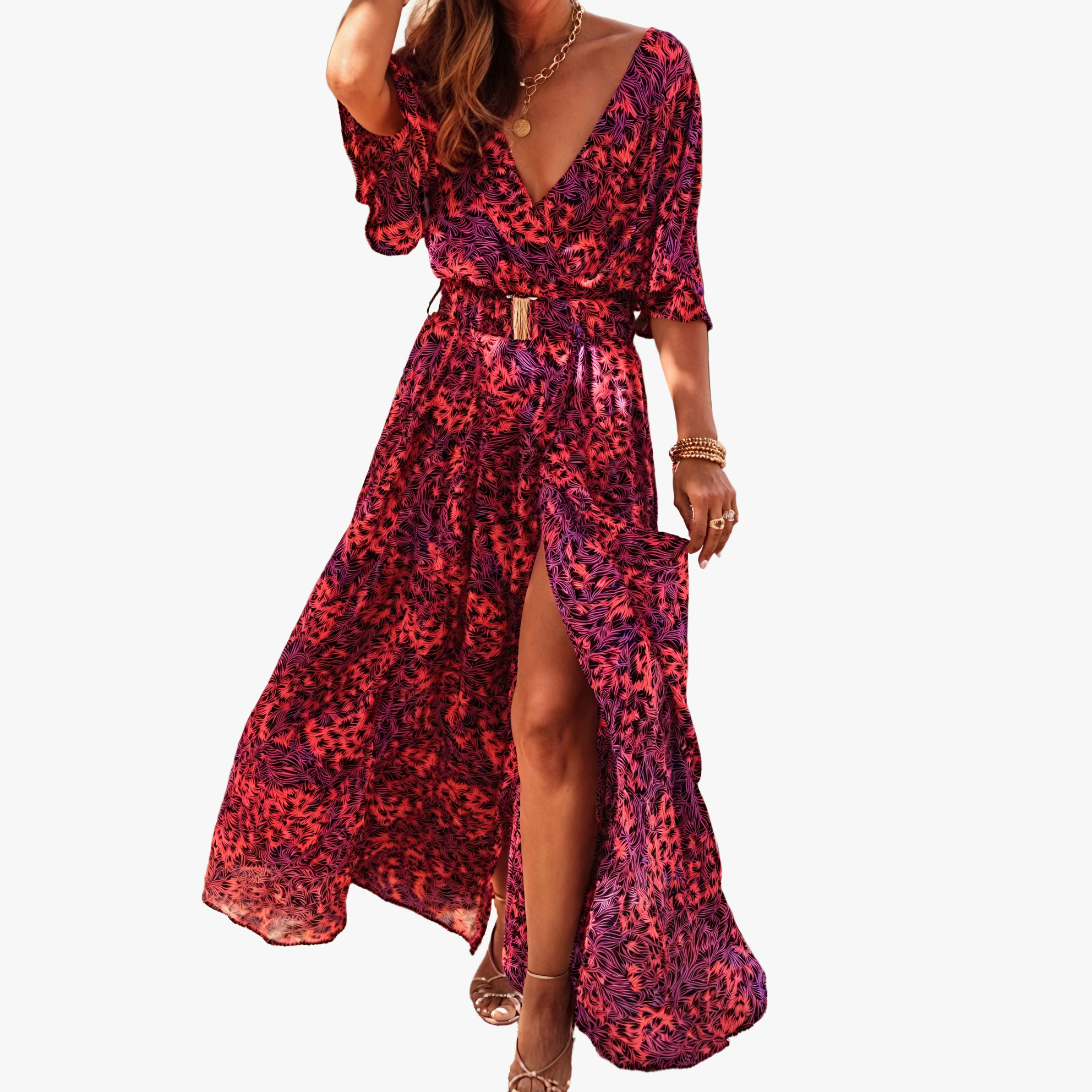 Bohemian Maxi Dress - High Slit, V-Neck