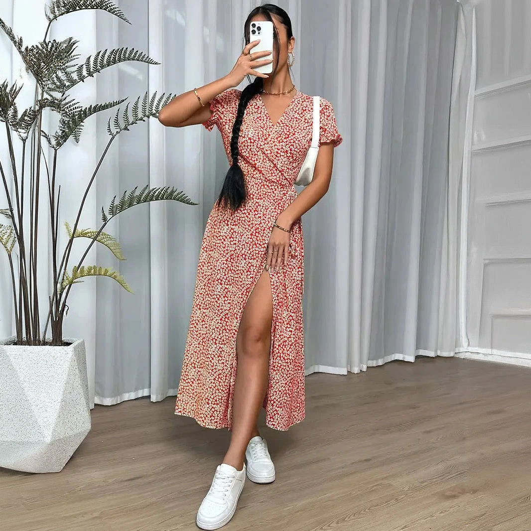 Floral Wrap Dress - V-Neck Maxi with Slit