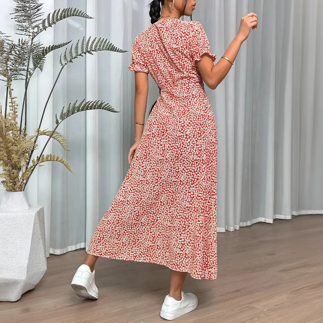 Floral Wrap Dress - V-Neck Maxi with Slit