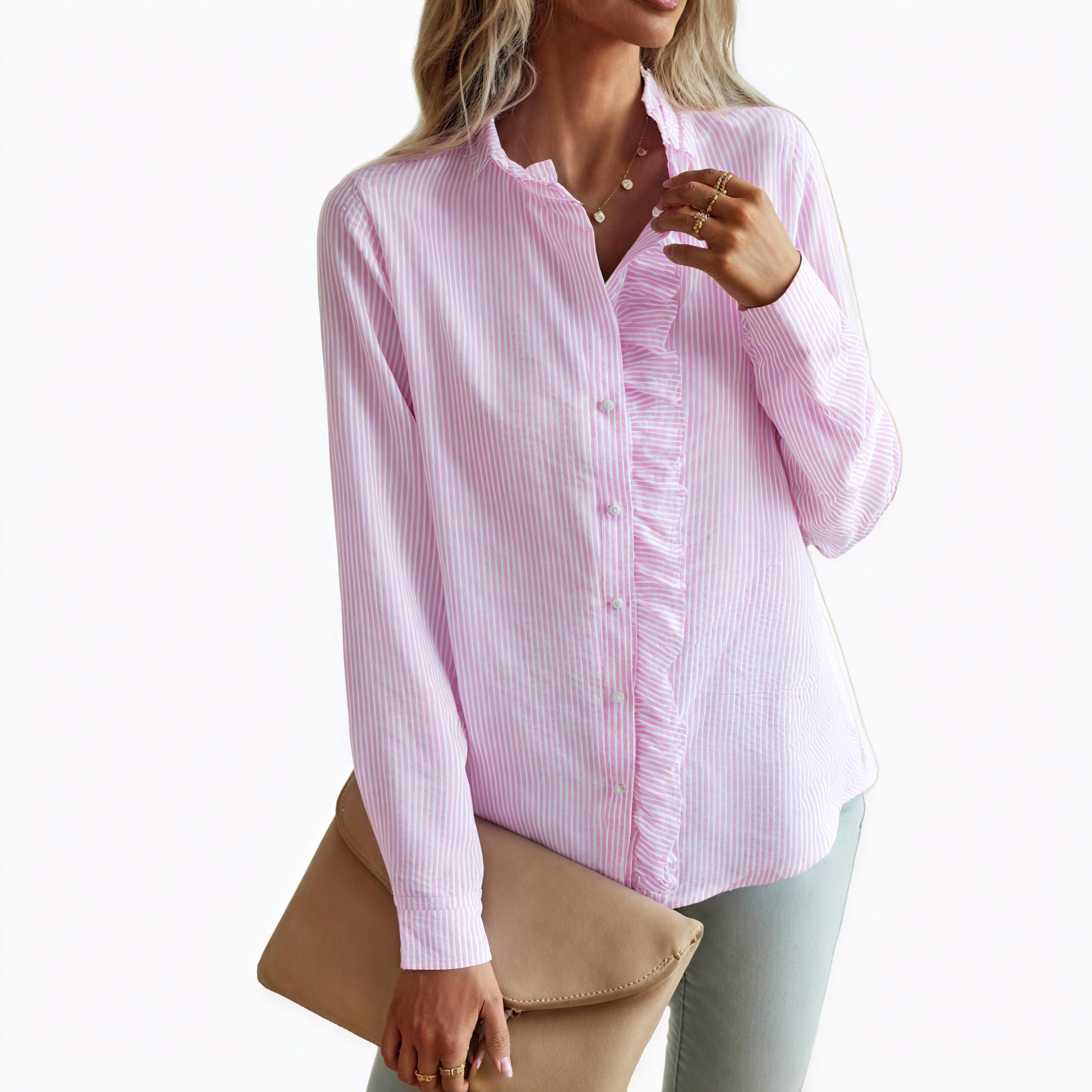 Ruffled Button-Up Blouse - Textured Design