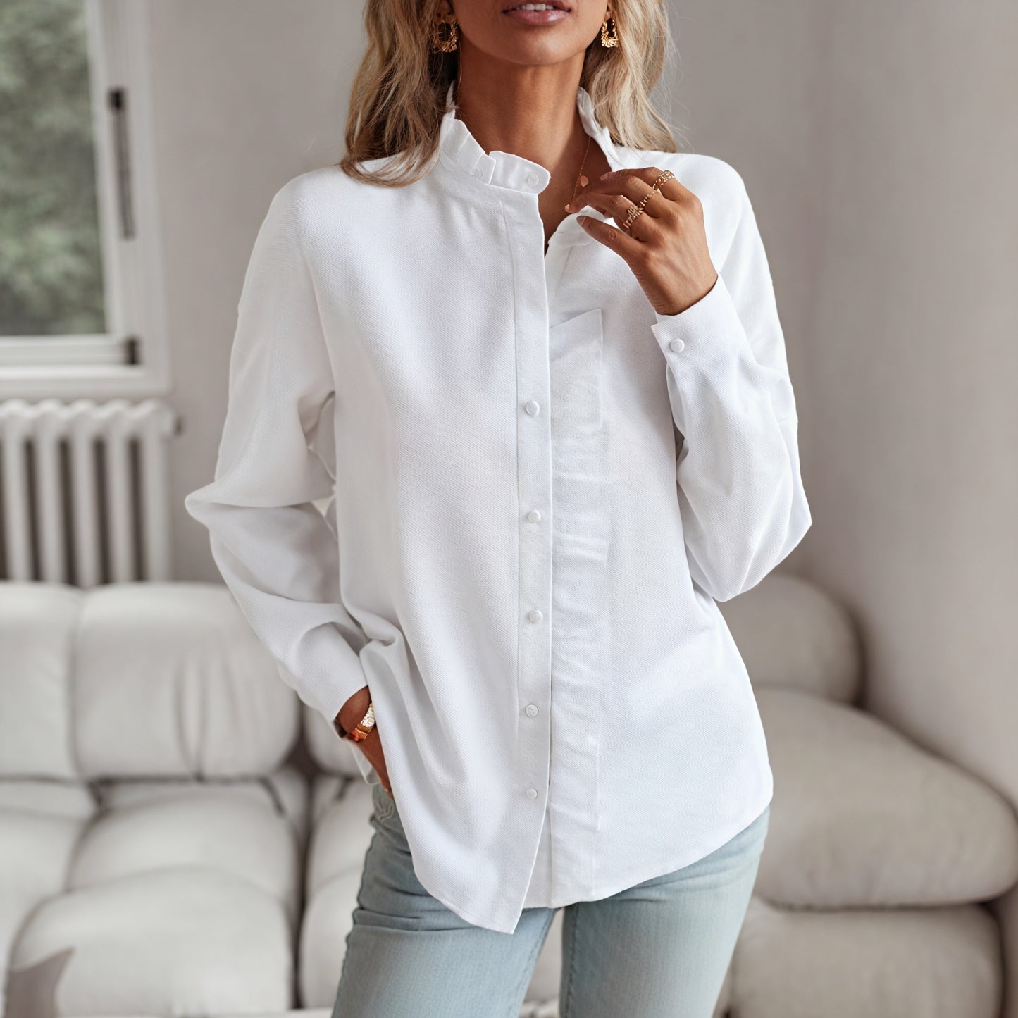 Ruffled Button-Up Blouse - Textured Design