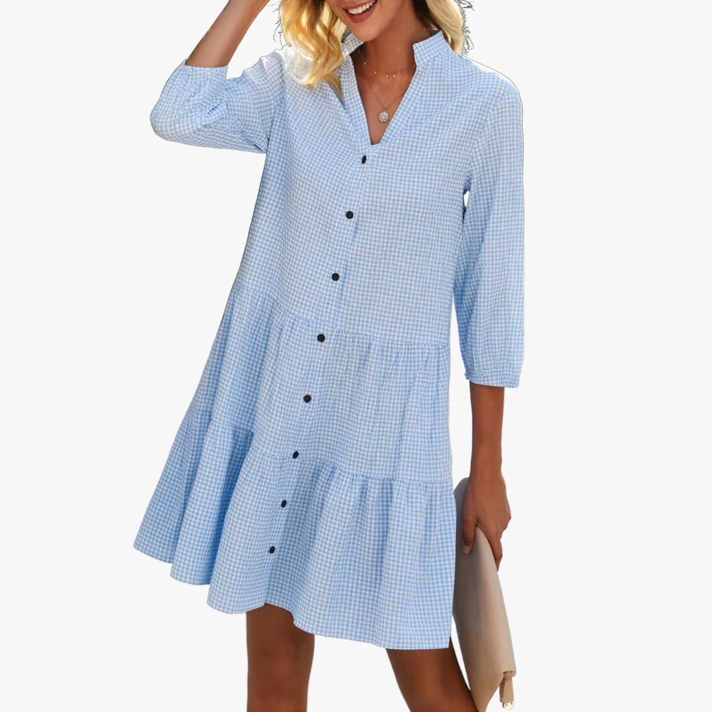 Gingham Button-Down Dress with V-Neck