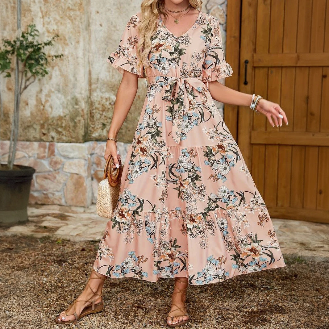 Floral Maxi Dress - Ruffled Sleeves, V-Neck