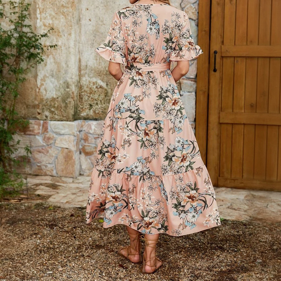 Floral Maxi Dress - Ruffled Sleeves, V-Neck