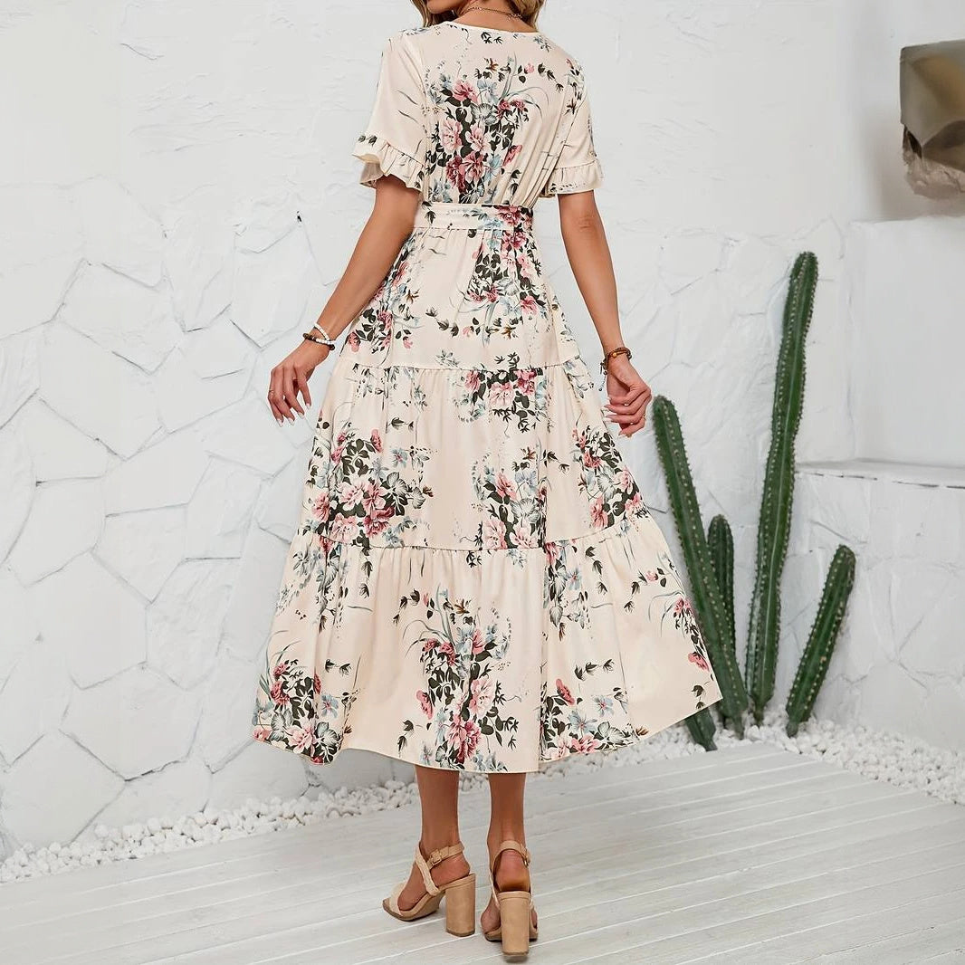Floral Maxi Dress - Ruffled Sleeves, V-Neck