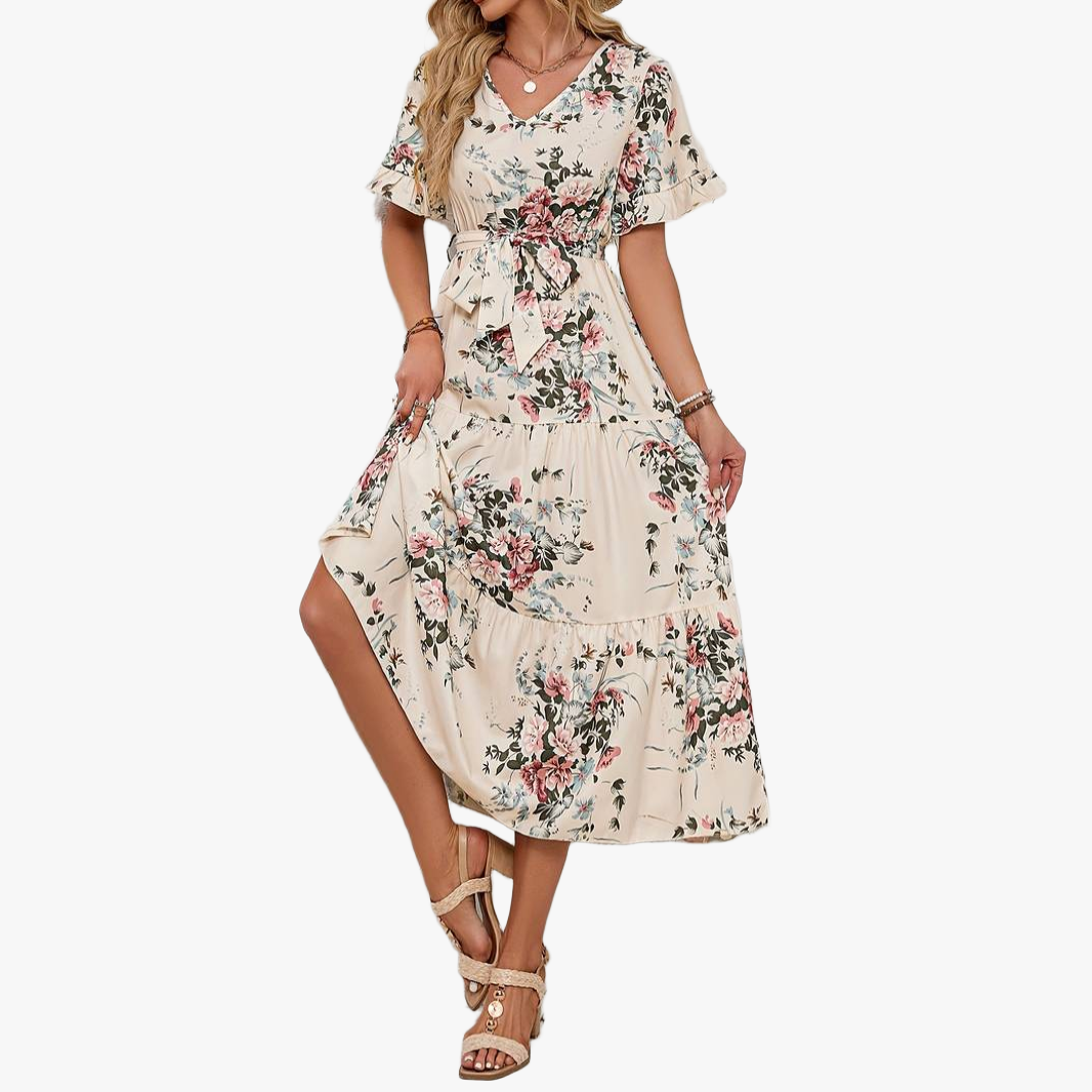 Floral Maxi Dress - Ruffled Sleeves, V-Neck
