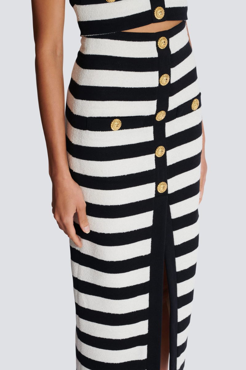 Striped Knit Two-Piece Dress with Gold Buttons