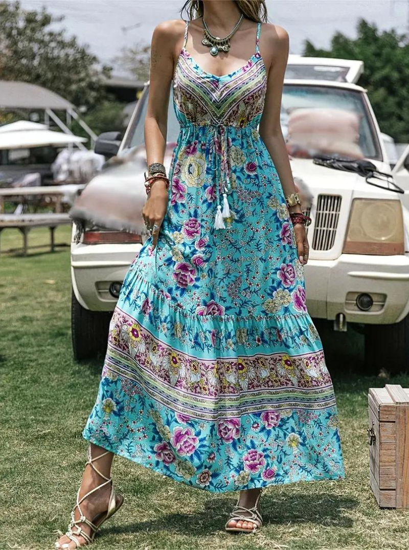 Bohemian Floral Maxi Dress - Tiered Skirt