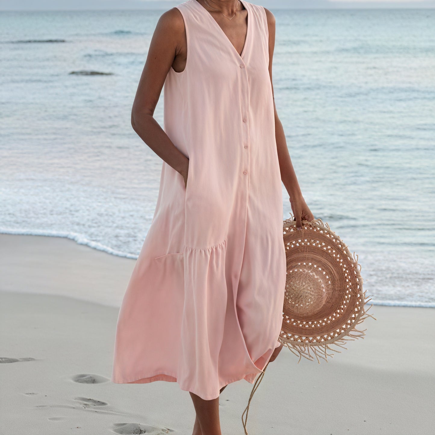 Women's Sleeveless Button-Down V-Neck Flowy Dress with Pockets, Casual Summer Style-67015-a78a7dad-652e-4309-8f3b-b75ddf8a9f6e