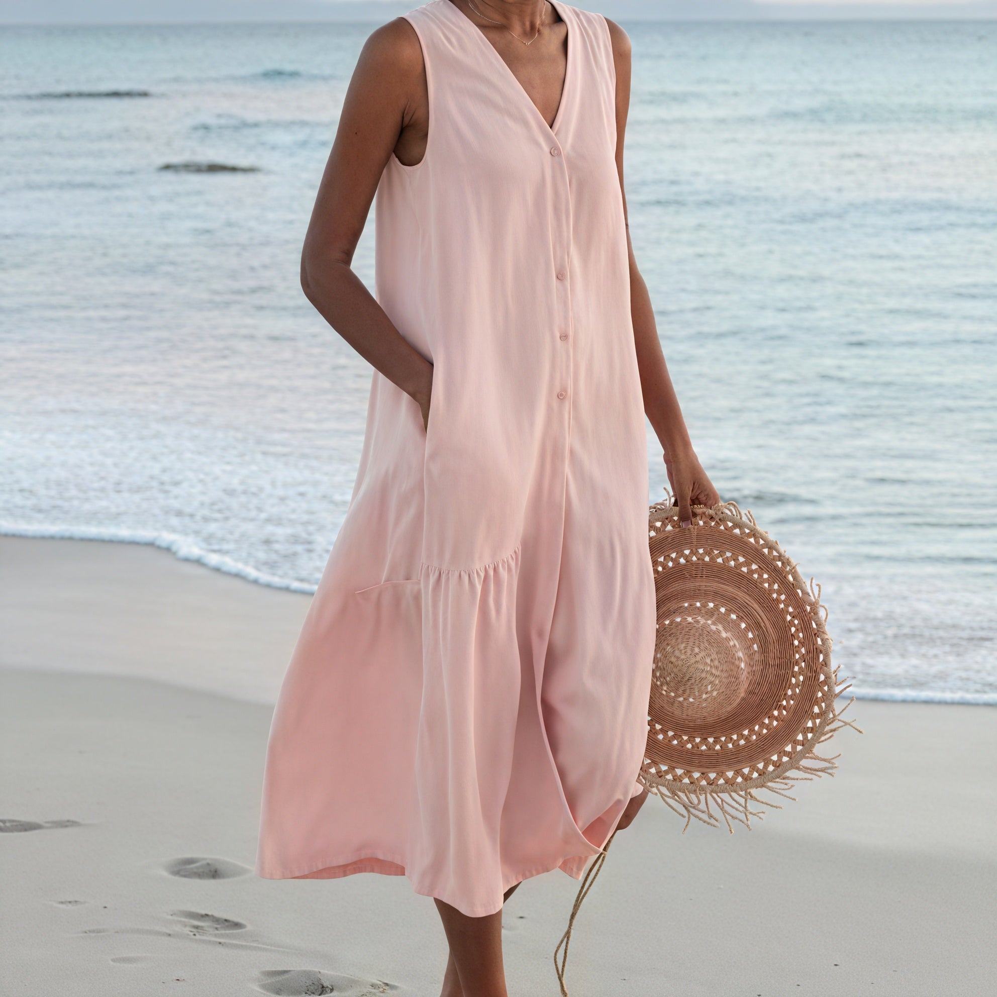 Women's Sleeveless Button-Down V-Neck Flowy Dress with Pockets, Casual Summer Style-67015-a78a7dad-652e-4309-8f3b-b75ddf8a9f6e