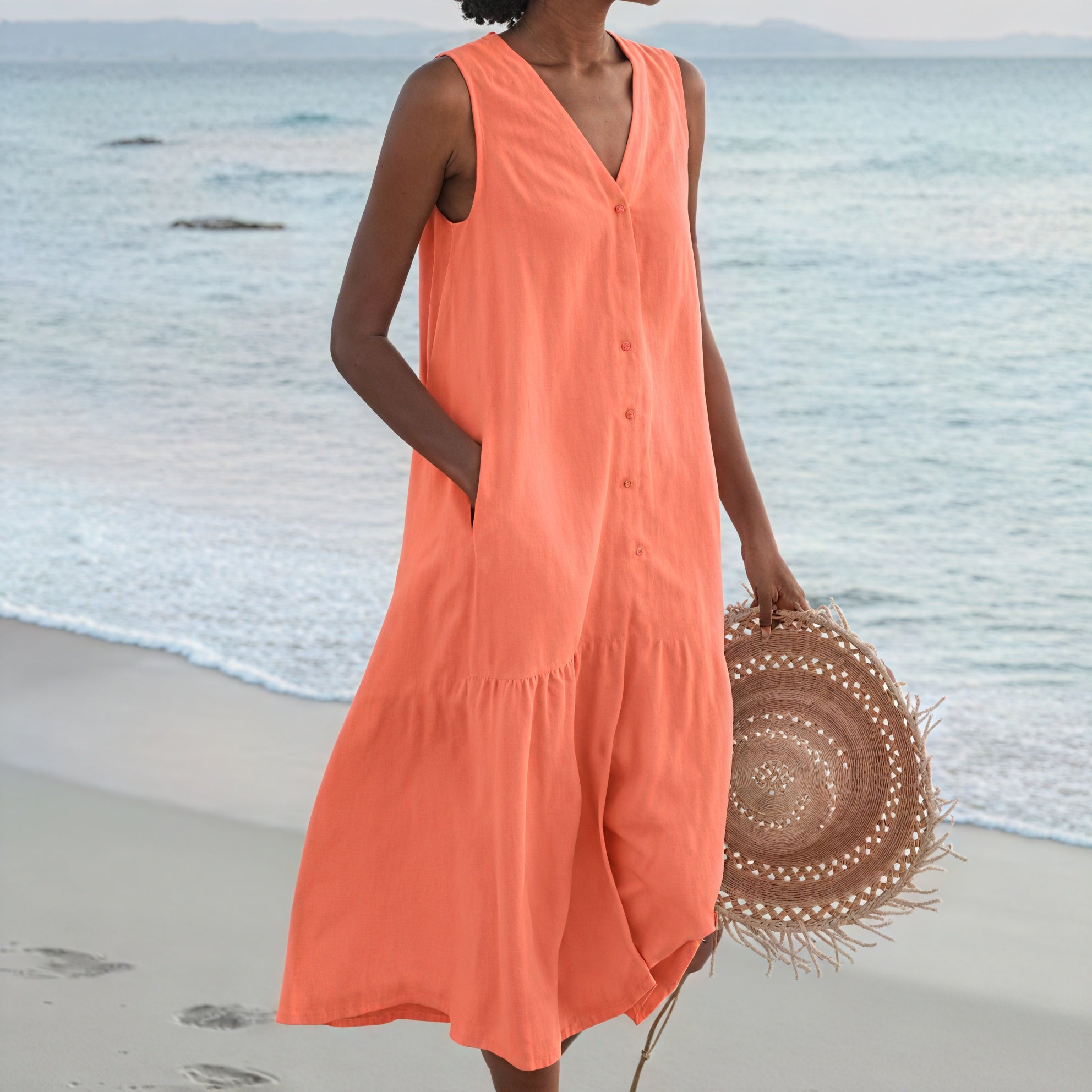 Women's Sleeveless Button-Down V-Neck Flowy Dress with Pockets, Casual Summer Style-67015-c668cd01-9da3-4822-ba30-603a1b63c9db