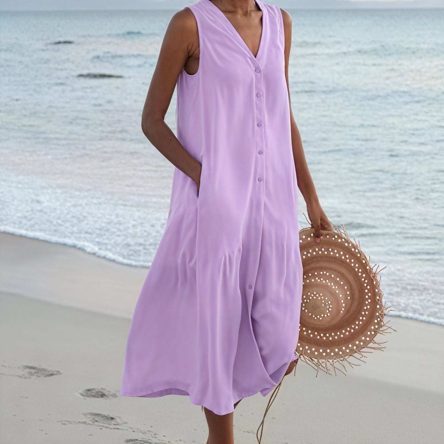 Women's Sleeveless Button-Down V-Neck Flowy Dress with Pockets, Casual Summer Style-67015-1c790fbb-0bcb-45f3-b2ce-816c648a1946