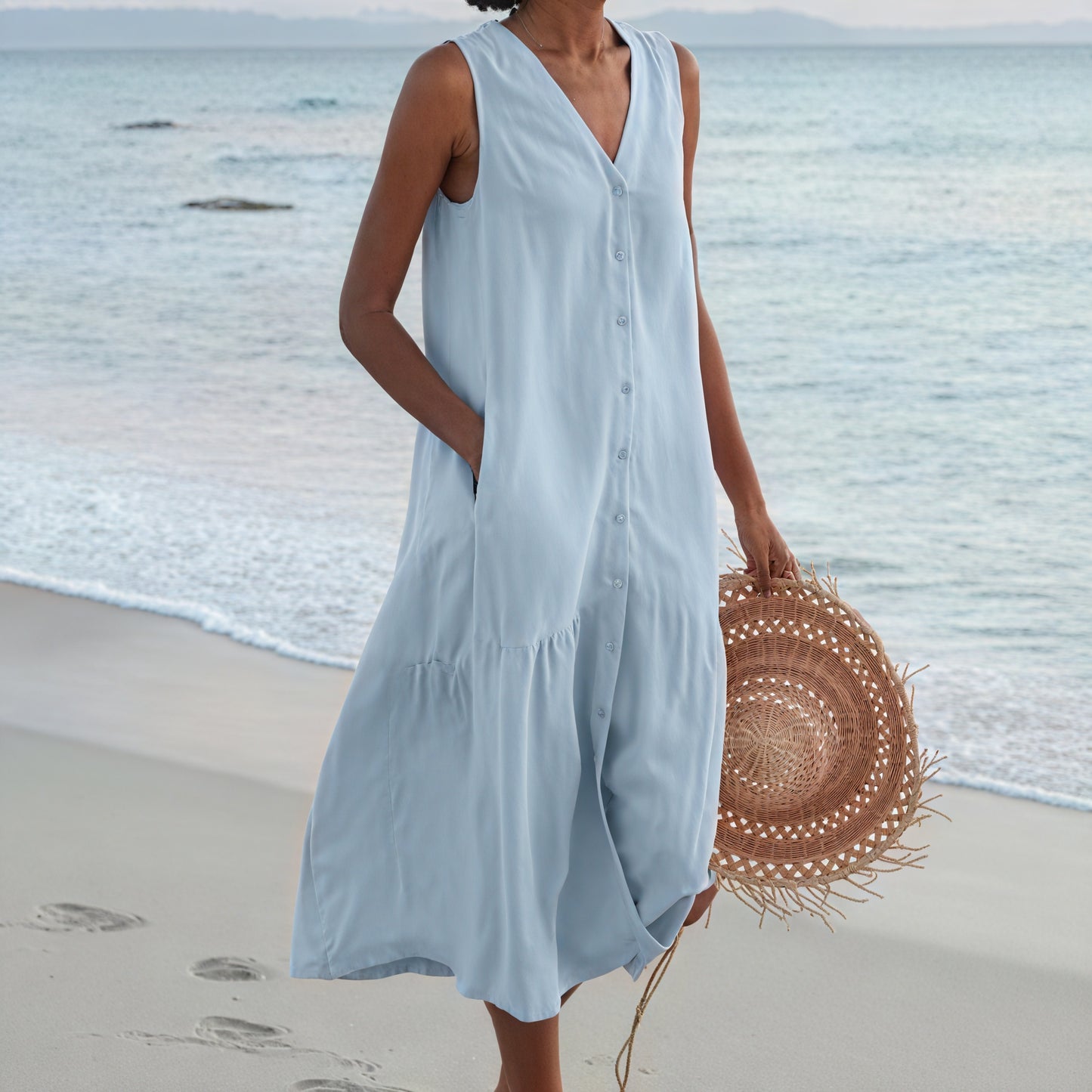 Women's Sleeveless Button-Down V-Neck Flowy Dress with Pockets, Casual Summer Style-67015-7b479dc8-6373-4dab-928b-ba5b6964dae9