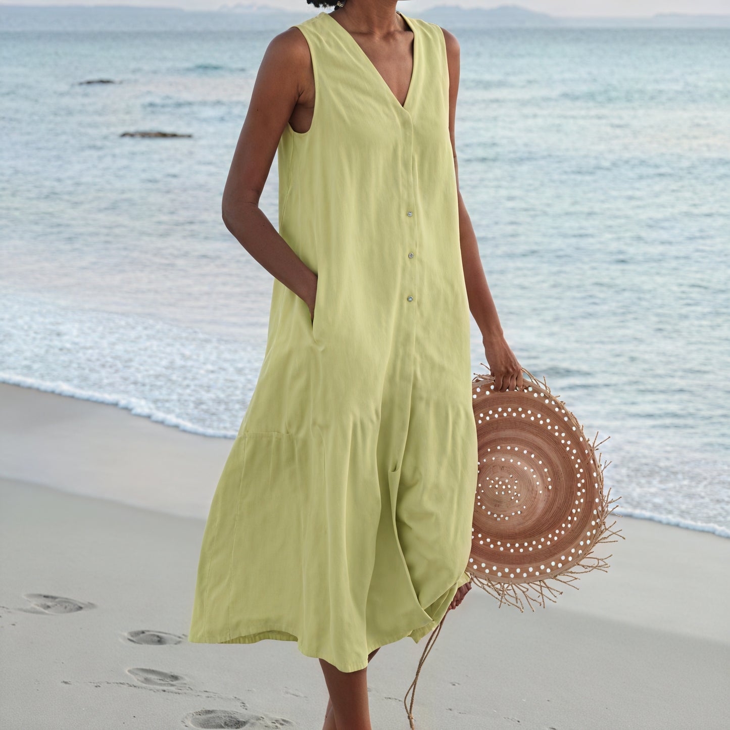 Women's Sleeveless Button-Down V-Neck Flowy Dress with Pockets, Casual Summer Style-67015-e04fd617-22b4-4f60-a67a-f25a9b979f89