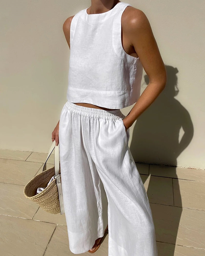 Sleeveless Crop Top with Wide-Leg Pants