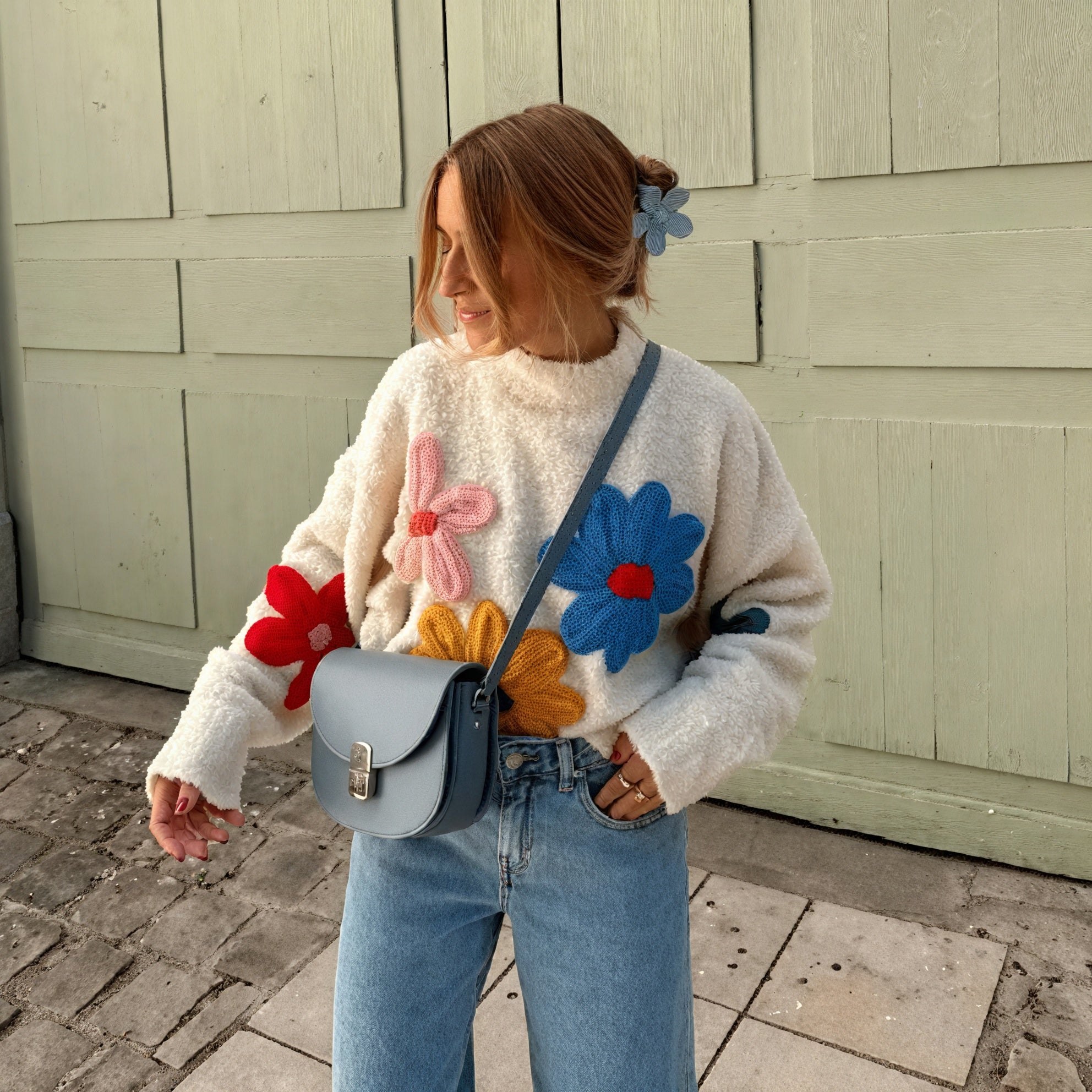 Floral Appliqué Oversized Cream Top