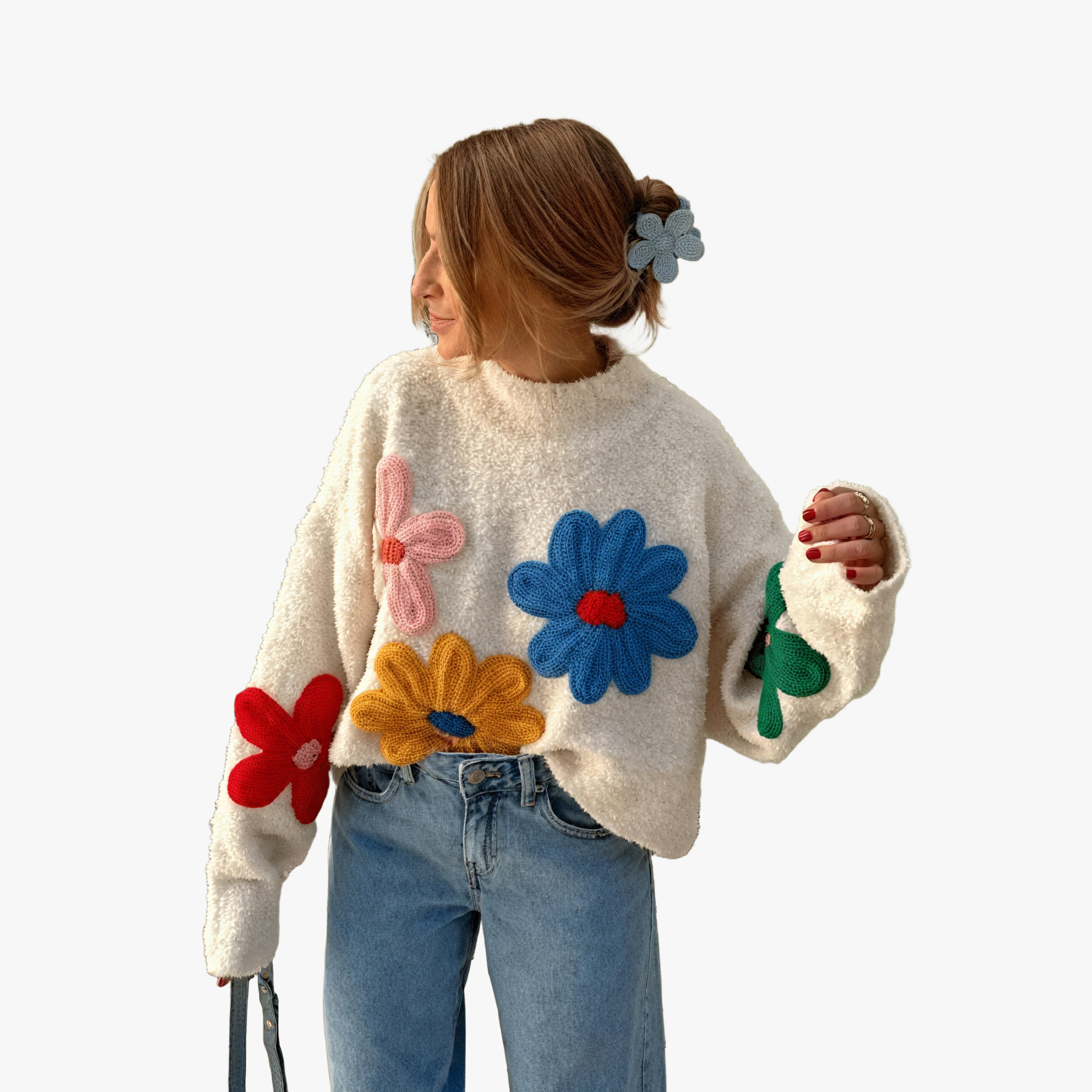 Floral Appliqué Oversized Cream Top